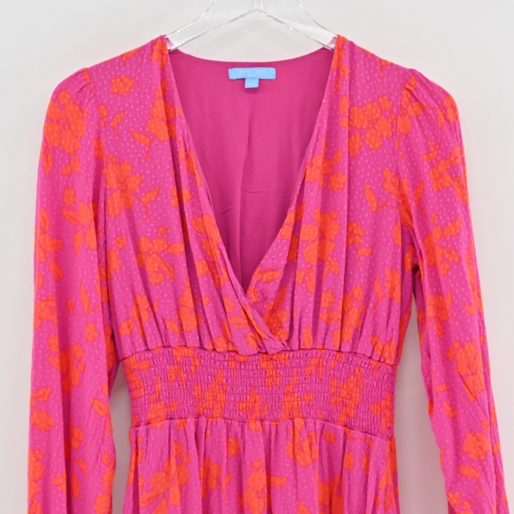 DRAPER JAMES Dress Size S Pink Orange Floral Smocked V Neck Balloon Long Sleeve - Picture 11 of 14